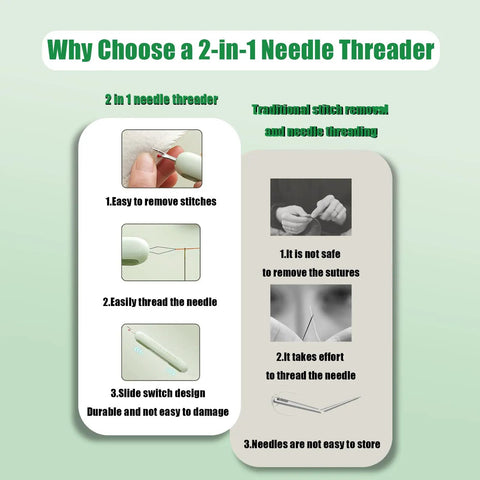 Comparison chart showing benefits of Two-In-One Sewing Needle Threader And Seam Ripper in green, versus traditional methods.