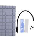 No Sweat M2 NVMe SSD Enclosure Rugged Aluminum USB4 External Drive Case with thermal paste, USB cable, and screws.