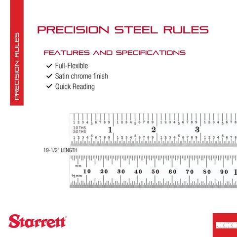 Pro Grade Flexible Steel Rule With Satin Chrome Finish For Quick Reading And Precision, 34 Graduation Marks, 19.5 in length