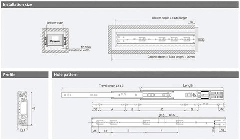 Technical diagram of 20 Inch Double Spring Soft Close Drawer Slides 10 Pair Full Extension Ball Bearing 100 Lbs Capacity Heavy Duty Hardware.