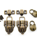 Retro Bronze Old School Duckbilled Toggle Hasp Latch And Antique Padlock Kit for cabinets shown with screws and keys