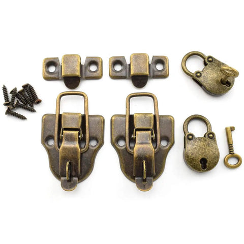 Retro Bronze Old School Duckbilled Toggle Hasp Latch And Antique Padlock Kit for cabinets shown with screws and keys