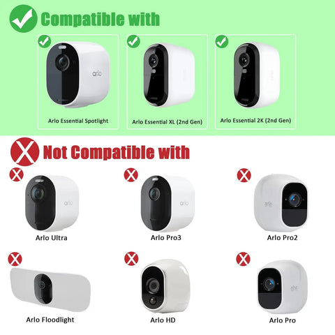 Compatibility chart for 7W Solar Panel Charger For Arlo Essential 2K 2Nd Gen Essential XL And Essential Spotlight Cams.
