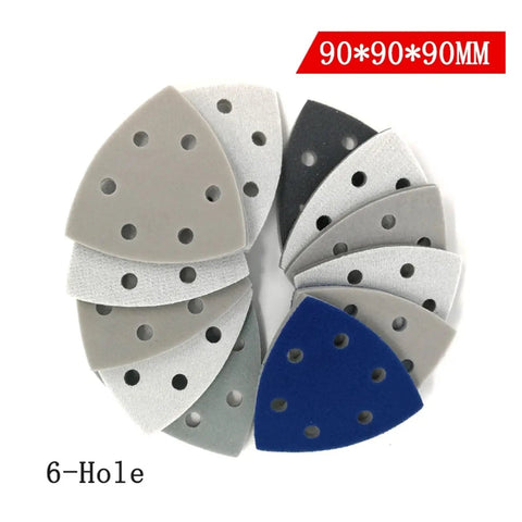 90mm Triangle Sanding Discs With Six Holes For Hook Loop Backing, Premium Wet Dry Sponge Sandpaper in various grits arranged in circle.