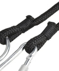 Close-up of Ranch Tough Horse Stall Gate Latch With Twist Lock and Secure Barn Door Fastener designed with braided cord and metal clips.