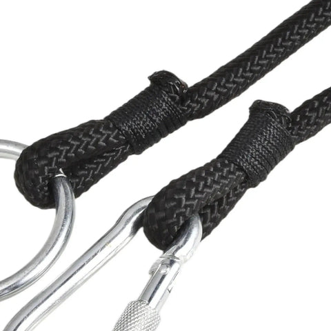 Close-up of Ranch Tough Horse Stall Gate Latch With Twist Lock and Secure Barn Door Fastener designed with braided cord and metal clips.