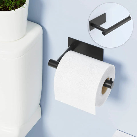 Self-Adhesive Toilet Paper Holder No Drill Matte Black Stainless Steel Wall Mounted for Bathroom, Kitchen, Washroom, and RV Waterproof Rustproof Holds Up To 2.5 Kg Easy Install, Heavy Duty Toilet Roll Holder installed next to a toilet