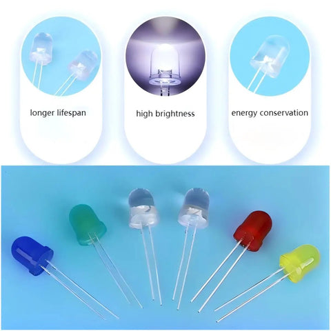 10mm LED Diode Kit 50 Pieces Assortment Of Red Yellow Blue Green White 5 Colors Diffused High Brightness LEDs for projects.