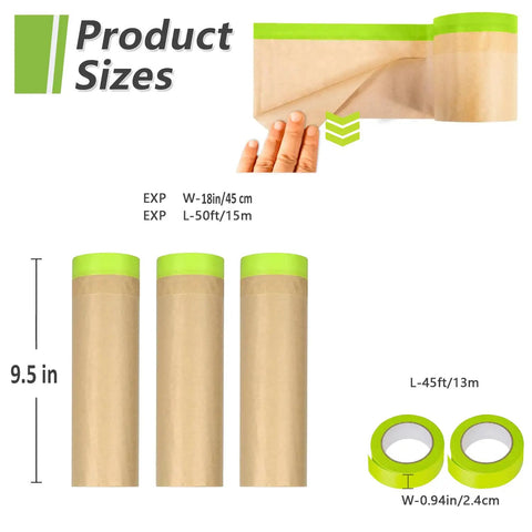 Three Pack Masking Paper And Drape Set For Painting And Auto Work 18 Inch Wide Rolls 50 Feet Each 150 Feet Total Size Chart
