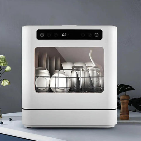 Compact Countertop Dishwasher With Fruit Wash Feature And Rapid Dry Cycle Slick Touch Panel For Apartments Dorms And Small Rooms Straight Up Hassle Free Cleanup, showing interior with clean dishes.