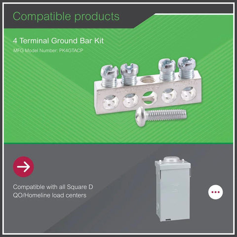 4 Terminal Ground Bar Kit For QO Load Centers Silver No Fuss Install Compact Lightweight