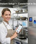 Chef using Boss Approved App Synced Fingerprint Time Clock, showing app paired in 5 seconds in kitchen.