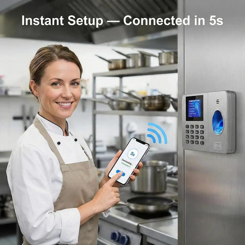 Chef using Boss Approved App Synced Fingerprint Time Clock, showing app paired in 5 seconds in kitchen.