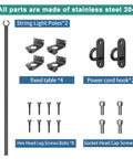 Two Pack Stainless Steel String Light Poles, 6.5 Ft Deck Lights Poles With 2 Wall Hooks, Outdoor String Lights Mounts, Includes Screws