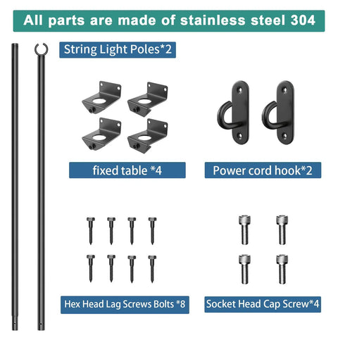 Two Pack Stainless Steel String Light Poles, 6.5 Ft Deck Lights Poles With 2 Wall Hooks, Outdoor String Lights Mounts, Includes Screws