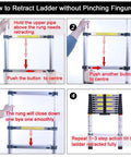 Instructions for collapsing the Collapsible Telescoping Ladder 9.5 Ft Reach, showing button operations and rung retraction steps.