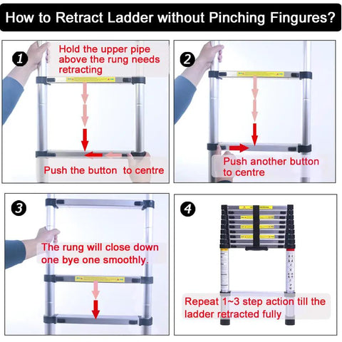 Instructions for collapsing the Collapsible Telescoping Ladder 9.5 Ft Reach, showing button operations and rung retraction steps.