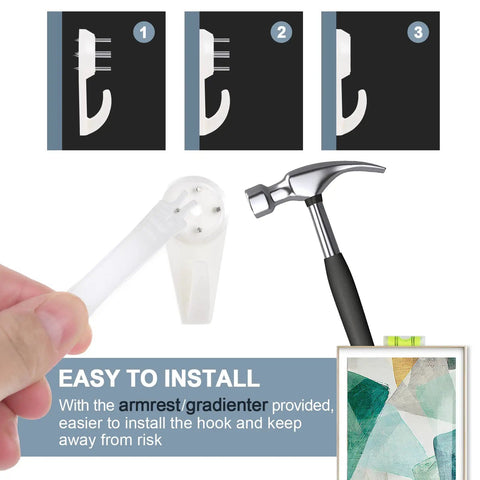 50 Piece Picture Hanger Kit With Heavy Duty Hooks For Stucco Concrete And Hard Walls No Drilling Needed Invisible Nails 25 Lb Load Great Value Storage Box And Easy Install Gradienter Holder shown with hammer and instructions