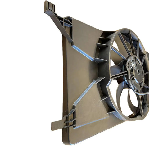 Radiator Cooling Fan Assembly For Ford Focus 2012 To 2018 Heavy Duty AC condenser motor showing seven-blade design from a side angle.