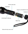 Diagram of Ultraviolet Blacklight Flashlight With 51 LEDs showing aluminum alloy case and battery compartment with hand rope.