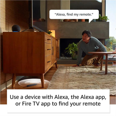 Man using Alexa Voice Remote Pro for Fire TV with remote finder feature in a living room