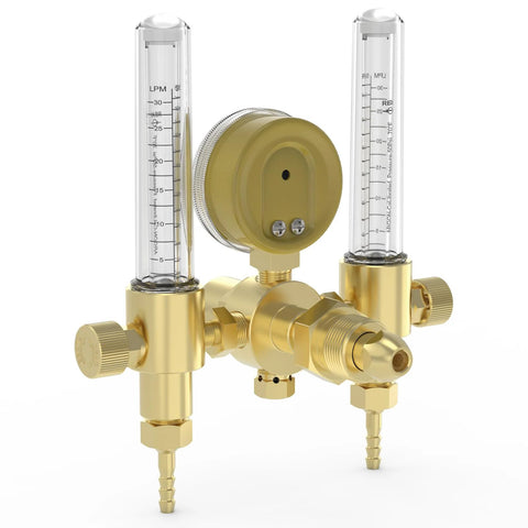 Front view: YesWelder dual-output argon regulator with two flow meters, brass body, CGA580 inlet