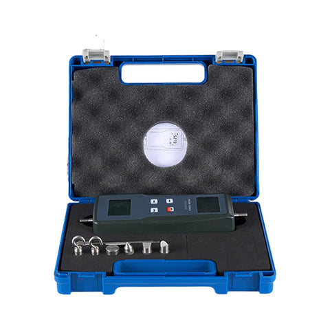 Digital Force Gauge With Push Pull Tester Real Time And Peak Value Readouts Three Units N Kg Lb 100 Kgf Range 980 N 220 Lbf High Accuracy Within Zero Point Five Percent Of Full Scale Plus One Digit Auto Power Off in blue carrying case with test attachments