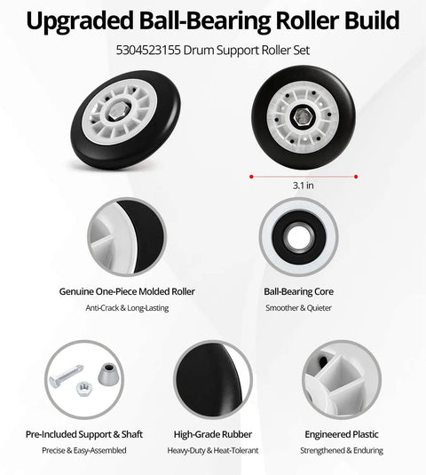 Upgraded Five-Wheel Dryer Repair Kit with ball bearing rollers, durable one-piece molded design, detailed component illustration.