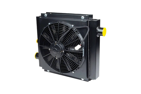 Mobile Hydraulic Oil Cooler With 12V DC Fan And Shroud For Hydraulic Systems And Transmission Coolers, 79 GPM, SAE 12 Ports, 11K To 17K Heat Rejection, 250 PSI, Part 258529
