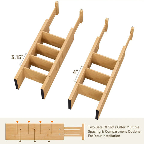 Hella Sturdy Bamboo Drawer Dividers Expandable Closet Organizers For Clothes six piece set showing adjustable sizes of 3.15" and 4".