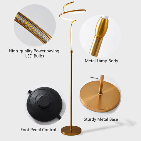 Modern Brass Spiral Floor Lamp With Remote Control, 63 Inch Tall LED 28W, showing lamp details and parts.