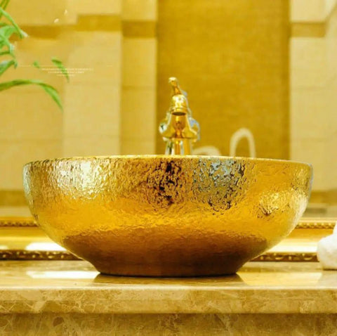 USZWBY Bathroom Vessel Sink, Countertop Basin Round Sink Bathroom Sink Hotel Art Sink Bathroom Sink in golden finish.