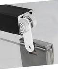 Close-up of Heavy Duty Sliding Door Roller Wheels With Dual Bearing Iron Groove Caster mounted on a track, demonstrating smooth glide functionality.