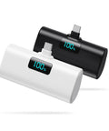 Two Pack Grab And Go Portable Charger With Built In USB C Cable, 5200 Mah Pocket Power Bank in black and white with digital display.