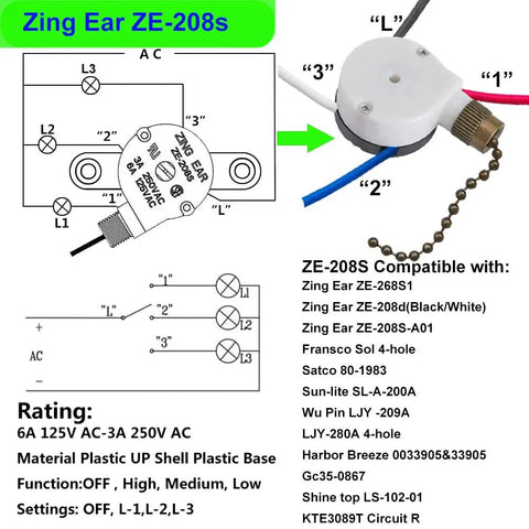 Diagram and components of Zing Ear ZE-208S ceiling fan light switch with pull chain, 6A 125V AC rating, compatible models shown.
