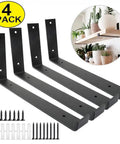12 Inch Shelf Brackets 4 Pack Heavy Duty Frosted Black With Lip For Floating Shelves Rustic Iron Metal DIY Open Shelving Hardware Included Plus Mounting Hardware displayed with screws and wall anchors.