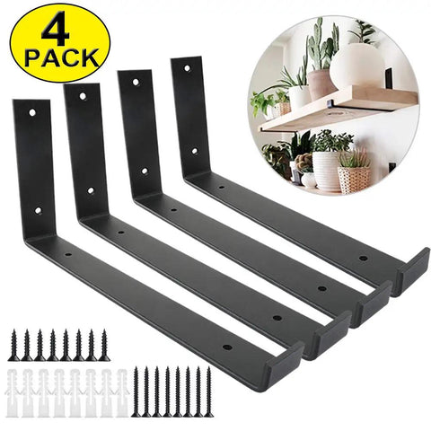 12 Inch Shelf Brackets 4 Pack Heavy Duty Frosted Black With Lip For Floating Shelves Rustic Iron Metal DIY Open Shelving Hardware Included Plus Mounting Hardware displayed with screws and wall anchors.