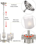 5-Light Industrial Pendant Chandelier For Kitchen Island And Living Room with brushed nickel finish and frosted glass shades.