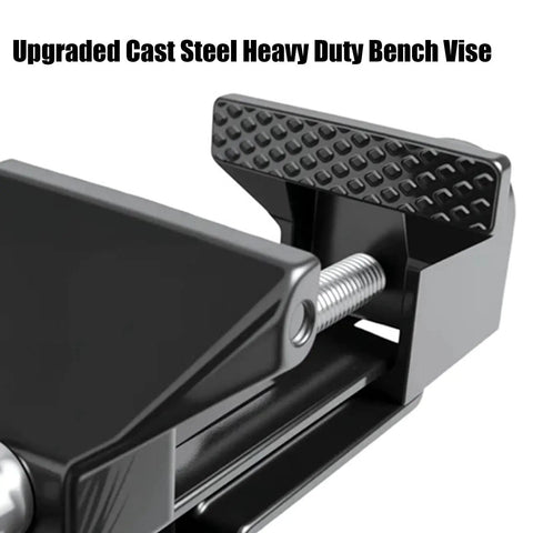 Heavy Duty Mini Work Bench Vise With Adjustable Quick Release Clamp For Multifunctional Carving Tools and Secure DIY Home Repair Projects close-up of upgraded cast steel bench vise jaw and clamp mechanism