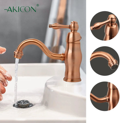 Copper Single Hole Bathroom Basin Faucet, Solid Brass Mixer Tap for Hot and Cold Water, Drip Free Ceramic Cartridge in close-up view