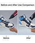 Before and after comparison of Clear Thermal Shrink Wrap Bags 12X17 Inches 100 Pack sealing a sneaker with a heat tool.