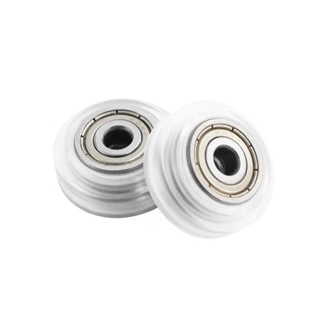 Close-up of two POM pulleys with 625zz bearings from 26Pcs 3D Printer Wheel Kit With Polycarbonate POM Pulleys And 625zz Bearings Real Smooth