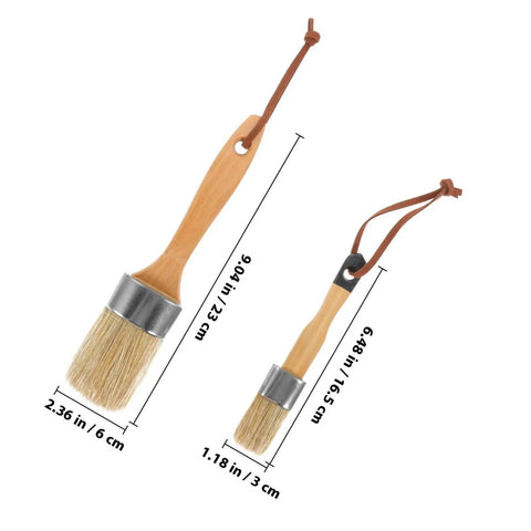 Two Pack Wood Handle Furniture And Deck Paint Brushes With Synthetic Bristles For Wall And Fence Stain Application Oval Shape Pro Grade Painting Tool Set For DIY Home Makeovers, showing size dimensions.
