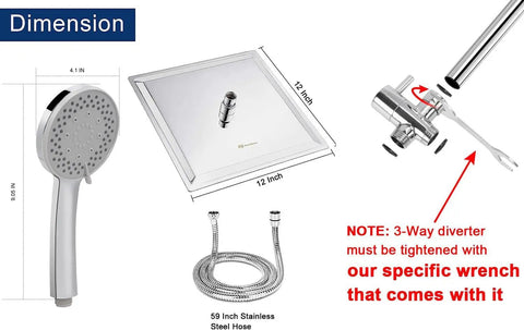 Mega Wide Rain Shower Head Combo With 11 Inch Extension Arm And 12 Inch Face, parts layout and dimensions.