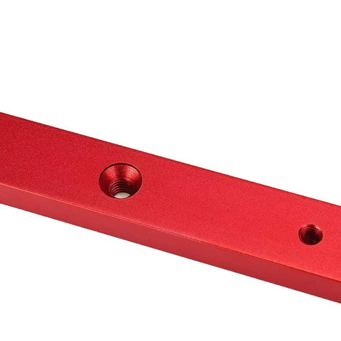 Rock Solid Aluminum Miter Bar Slider for Table Saw and Router Table showing red aluminum with universal mounting holes