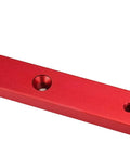 Close-up of Heavy Duty Aluminum Miter Bar Rail for Table Saws showing the threaded universal mounting holes on red aluminum surface.