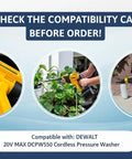 Five Pack Water Inlet Filter Connector Replacement Kit For Three Quarter Inch Pressure Washer Inlet To Garden Hose Adapters Easy Connect For Quick Hookup Compatible With Twenty Volt Max DCPW550 Cordless Washer shown in use.