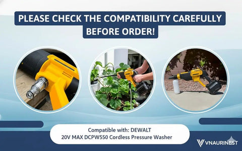 Five Pack Water Inlet Filter Connector Replacement Kit For Three Quarter Inch Pressure Washer Inlet To Garden Hose Adapters Easy Connect For Quick Hookup Compatible With Twenty Volt Max DCPW550 Cordless Washer shown in use.