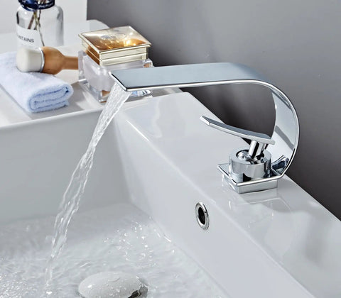 Chrome Single-Hole Vanity Faucet With Touch On, Low Arc Modern Bathroom Sink Faucet, Brass Body With Ceramic Valve flowing water