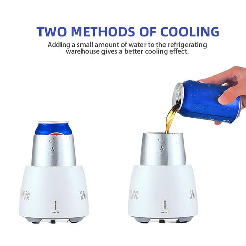 Super Portable Electric Freeze Mug And Quick Chill Cup For Ice Cold Beer Soda Canned Drinks Milk Or Coffee Compact Black Mini Chiller with two cooling methods.
